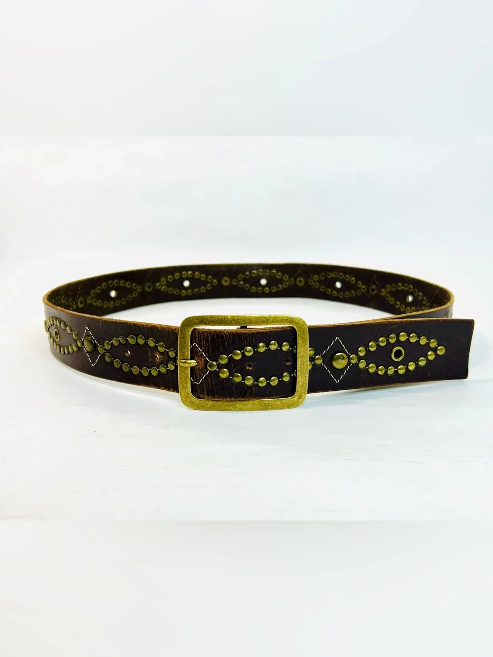 Western Brass Studded Belt, Brown Faux Leather with Studded Design